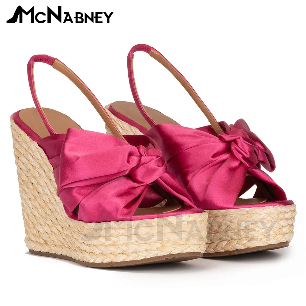 

Butterfly Knot Espadrilles Multicolor Satin Sandals Summer High Heels Slip On Elastic Band Sandals for Ladies Peep Toe Shoes