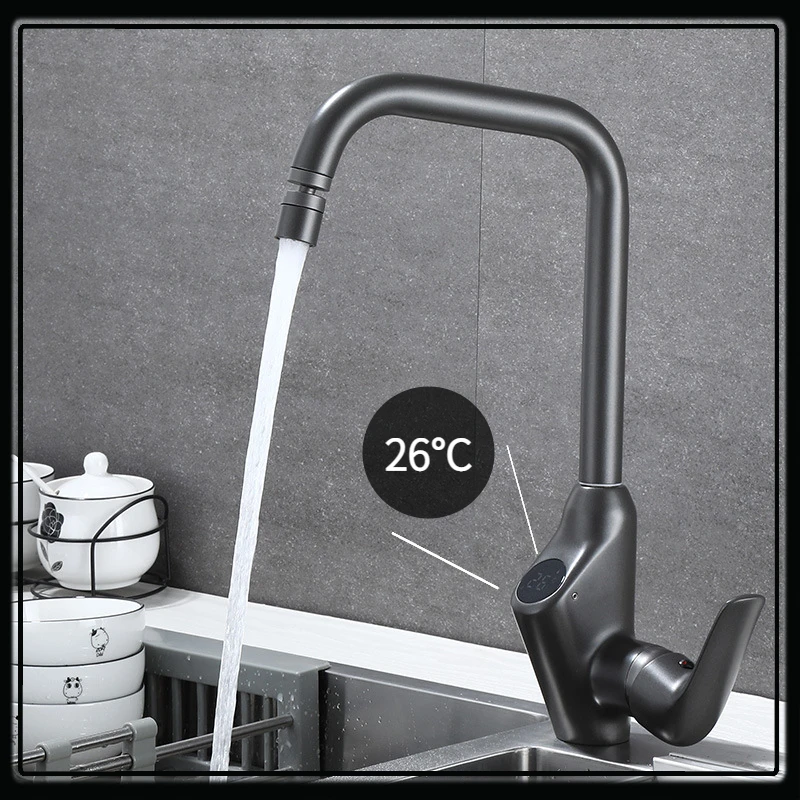 

Kitchen Digital Mixer Tap Gun Gray Brass Hot ＆ Cold Faucet Bathroom Sink Faucet Basin Elbow Tap Vanity Temperature Sensor Faucet