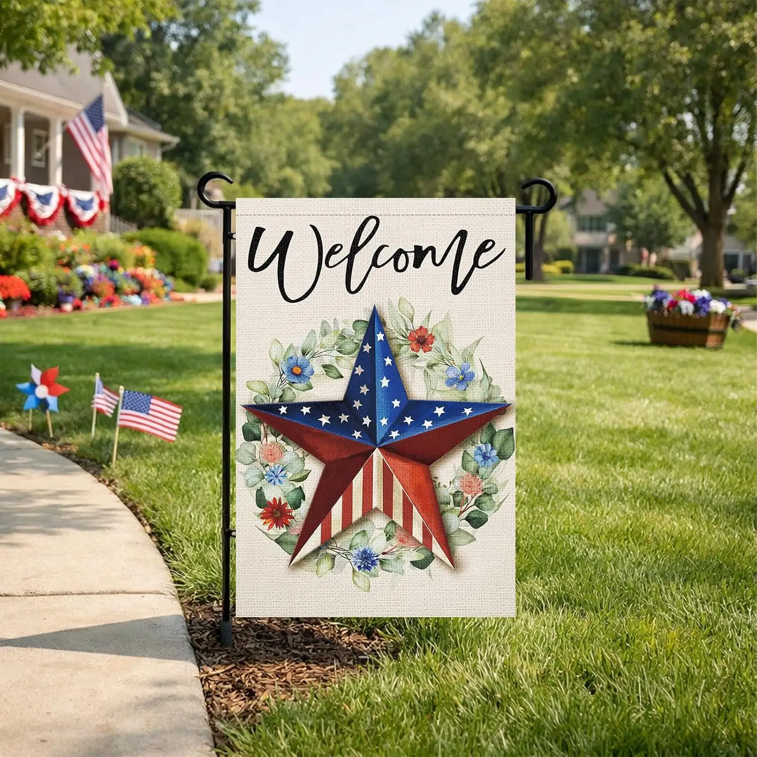 Heyfibro Welcome 4th of July Garden Flag 12x18 Inch Double Sided Patriotic Garden Flags Independence Day Floral Red White Bl AAS