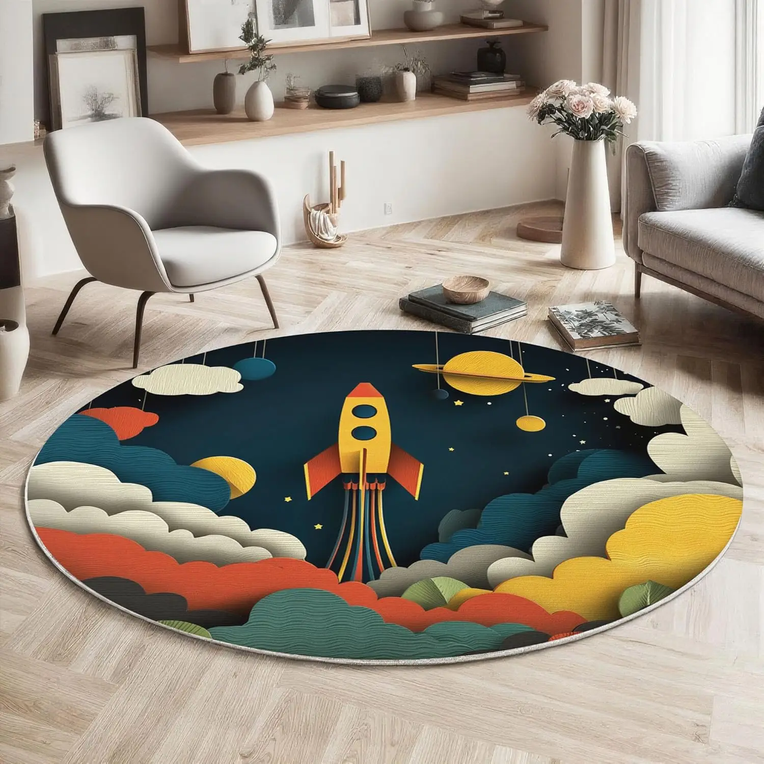 Paper-Cut Art Style Round Rug Washable Bedroom Round Area Rugs for Entryway,Cartoon Spaceship Non-Slip Foyer Throw Mat Carpet