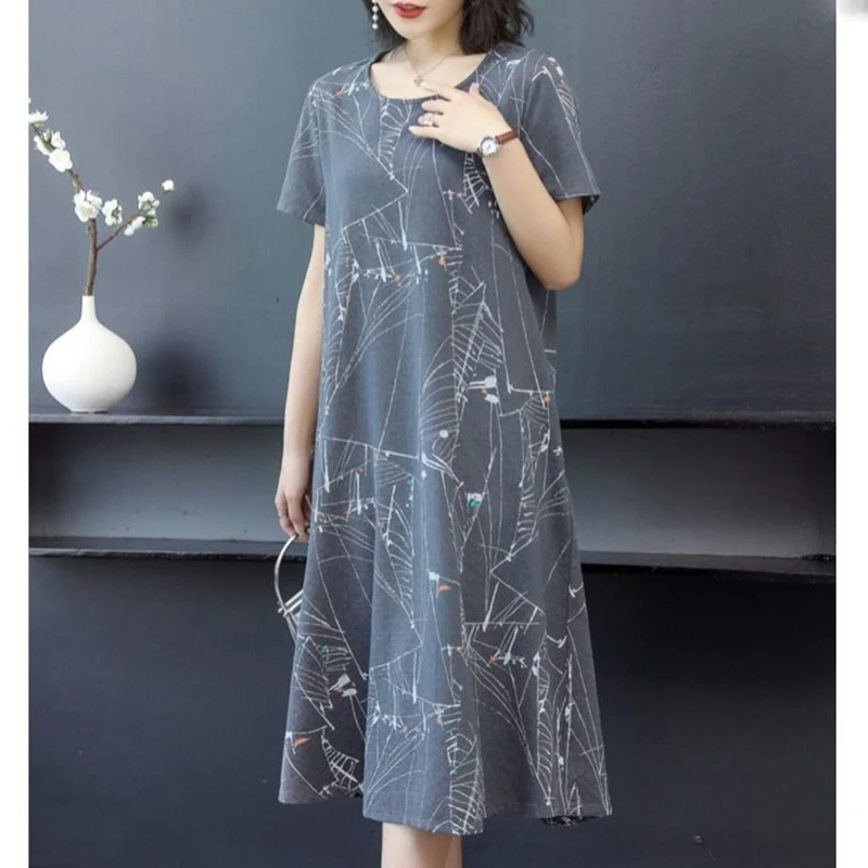 Fashion O-Neck Loose Printed All-match Midi Dress Women's Clothing 2024 Summer New Oversized Commuter Short Sleeve Dresses