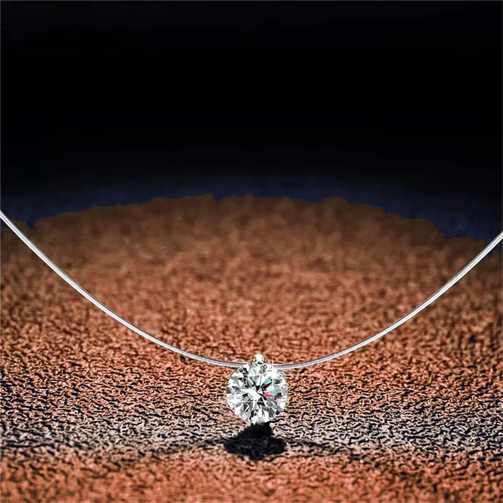 1ct Moissanite Diamond S925 Sterling Silver Invisible Transparent Fishing Line Clavicle Chain Necklace Women's Jewelry