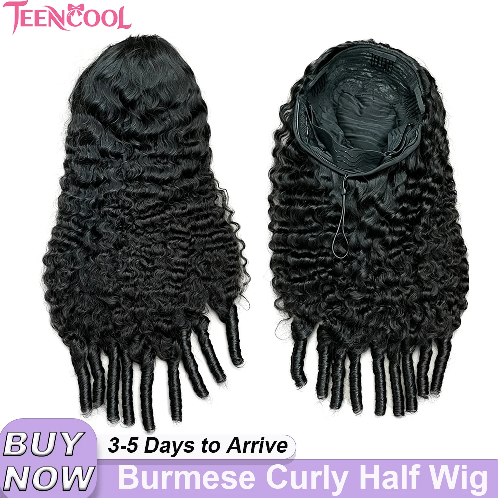 

30 Inch Burmese Curly Half Wigs Human Hair 3 In 1 Seamless Flip Over Glueless Wig Human Hair Half Wig Drawstring Adjustable 200% Density Curly Hair Half Wig Wear and Go