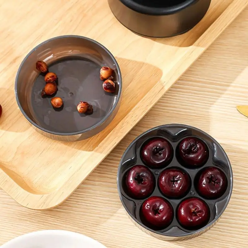 Small-Size Fruit Pitter for Baking Tasks, Manual 7 Slot Press Tool with ABS and Body, Metal Prongs, Drawer Storage, and Counter