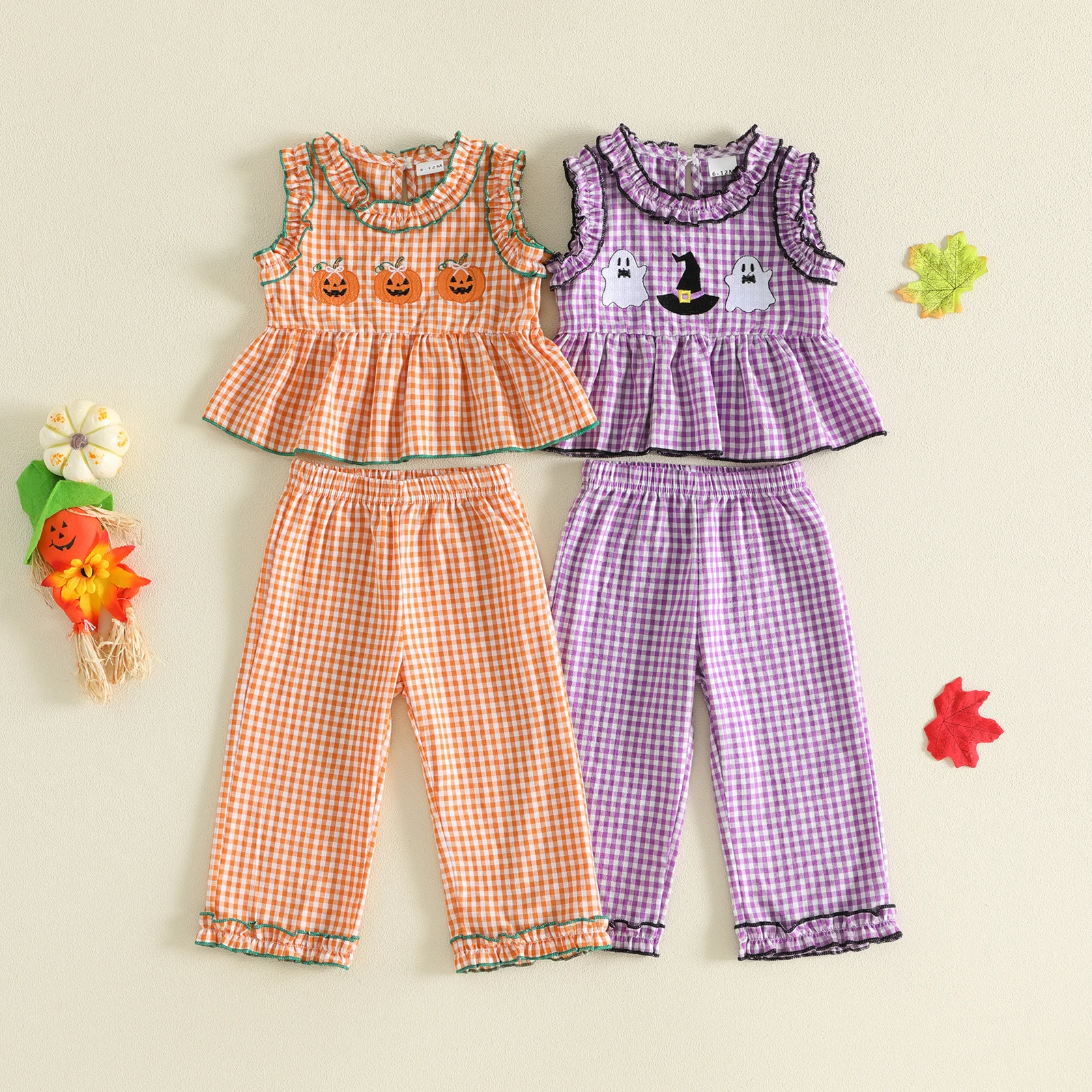 0-4Y Toddler Girls Halloween Outfit Sleeveless Crew Neck Plaid Lace Tank Tops Pants Set Cute Kids Halloween Costume Set
