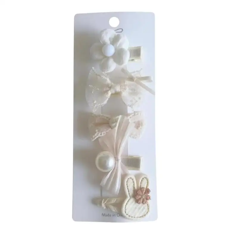 Niedliche beige Haarspangen-Set mit Spitzen-Schleifen- und Hasenblumen-Designs, perfekt für kleine Mädchen zum täglichen Tragen, für Geburtstagsfeiern und die Schule. – Detail 2