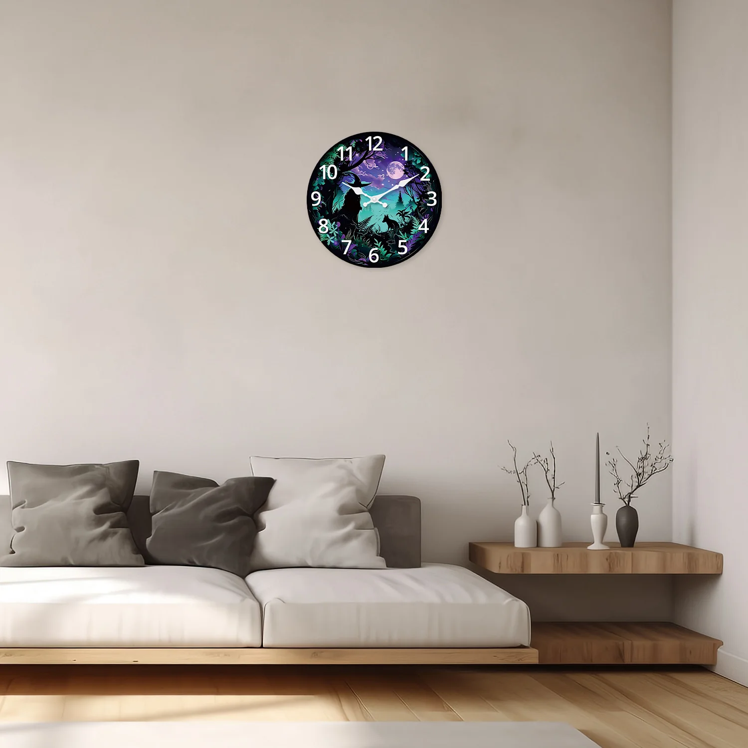 Dreamy and Unique Neon Forest Moon Pattern Wooden Wall Clock for Living Room, Bedroom, Kitchen, Home Decoration, Silent Quartz Clock, Holiday Gift, 10 Inches, 12 Inches, 14inch, 16inch (Battery Not Included)