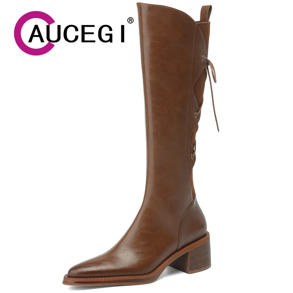 

Aucegi Brand Genuine Leather Cross Tied Women Riding Knee High Boots Retro Zipper Chunky Heel Pointed Toe Slip On Autumn Shoes