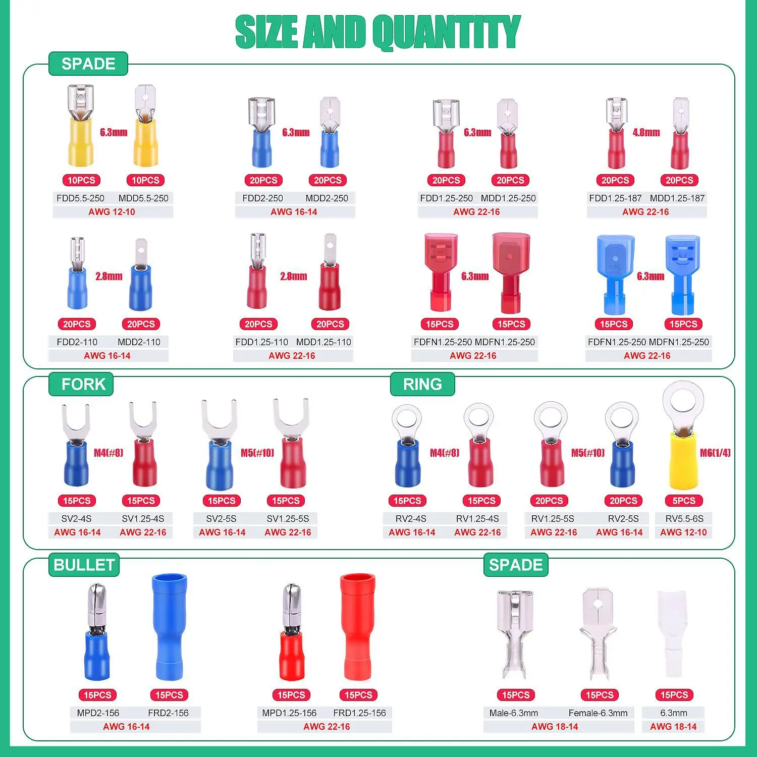 520Pcs Boxed 32 Types 2.8-6.3mm Spade Fork Ring Bullet Male Female Wire Connectors Kit, Crimp Terminal Assortment