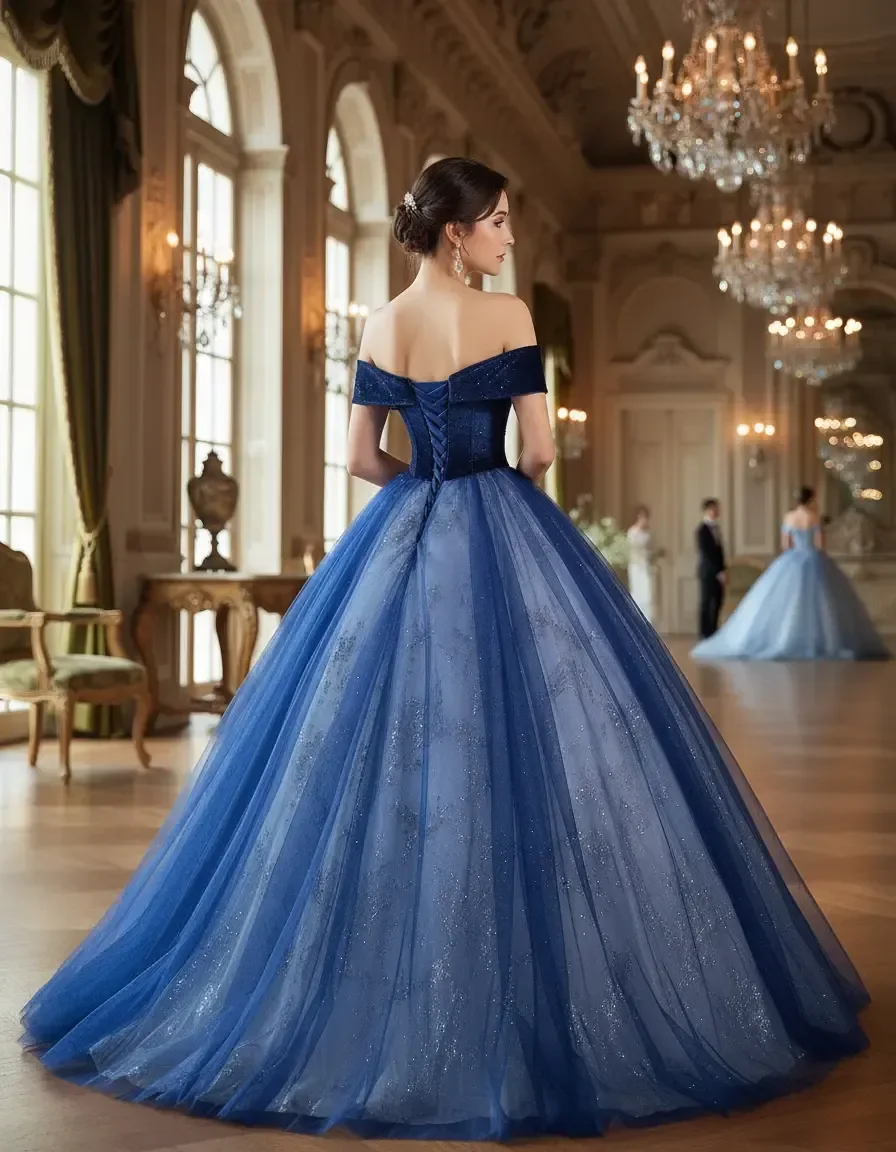 Elegant Navy Blue Off Shoulder Sparkle Tulle Quinceanera Ball Gown Wedding Evening Party Formal Gown Free Petticoat