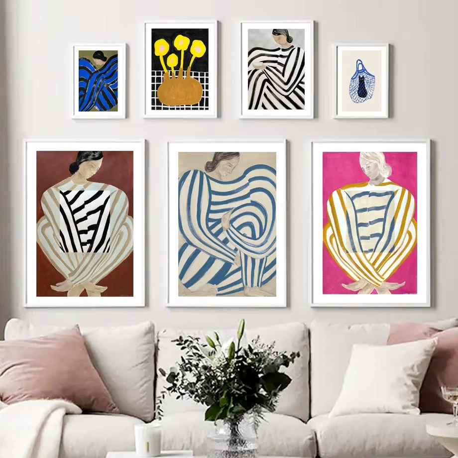 Abstract Line Curve Stripe Clothes Girl Cat Flower Wall Art Print Canvas Painting Modern Nordic Poster Decor Picture For Bedroom