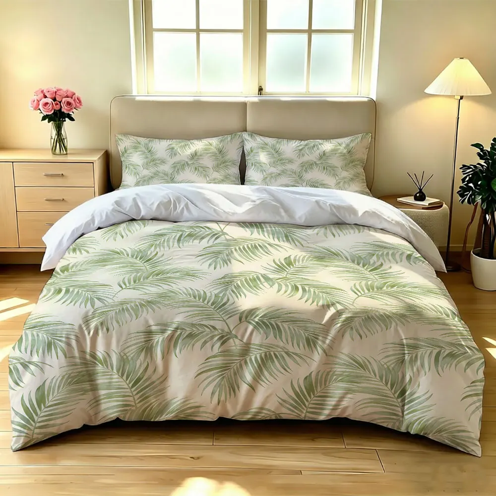 Light Green Palm Leaf Duvet Cover Set 3 Piece, Tropical Leaf Bedding Set Single Double Queen King, Soft Cozy Gift