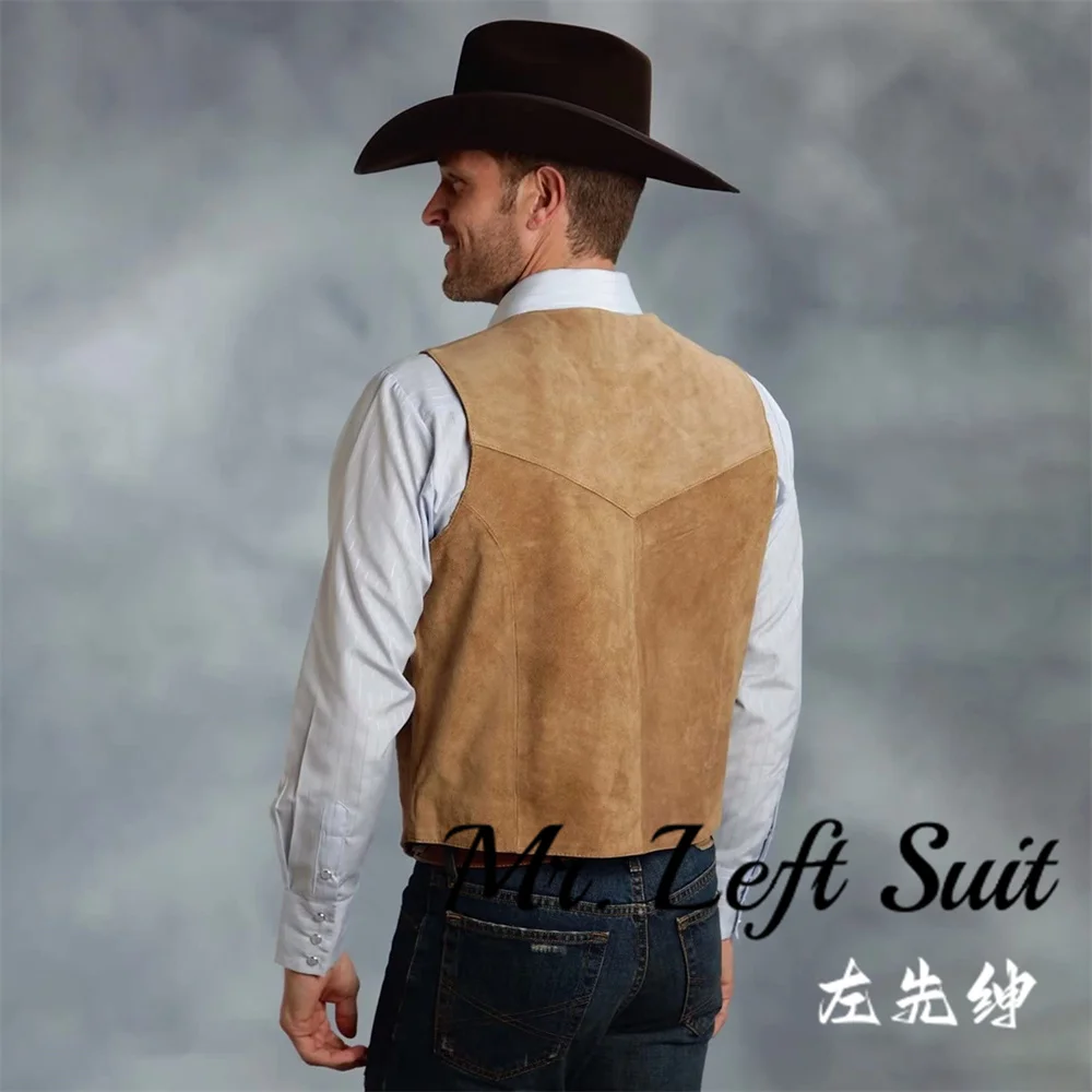 Men's Suede Leather Vest Gentleman Business Waistcoat Vintage Western Cowboy Regular Slim Business Banquet Men Suit Vest