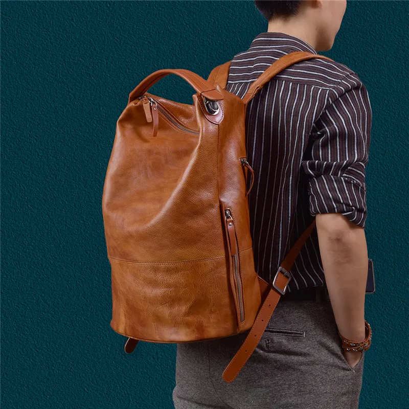 

Simple vintage high-quality first layer cowhide men's backpacks outdoor travel handmade cow leather women's bucket schoolbag