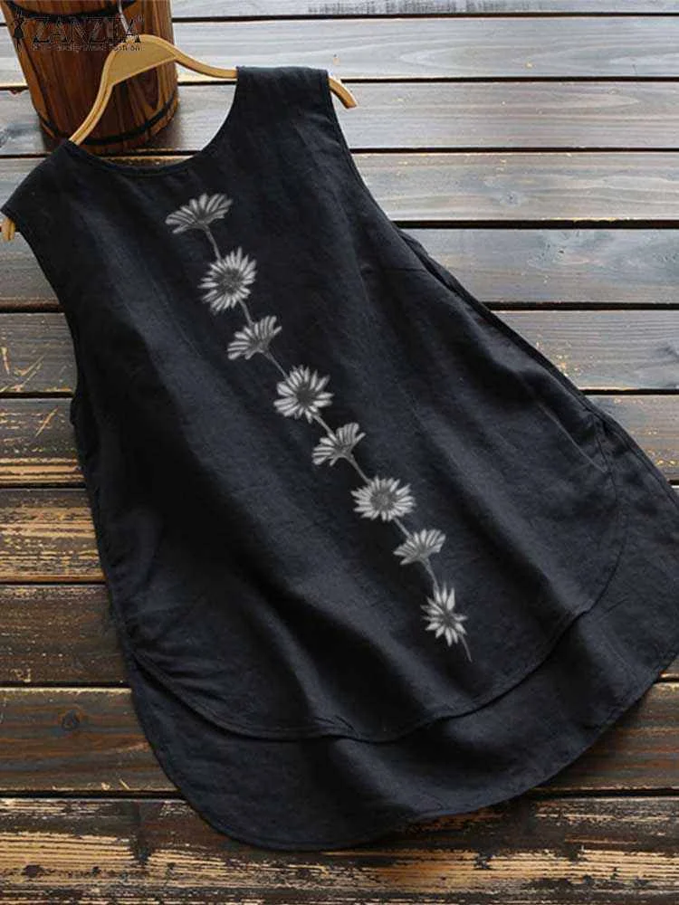 ZANZEA Summer Vintage Sleeveless Floral Printed Tanks Tops Women Casual O Neck Loose Cotton Blouse Female Holiday Beach Blusas