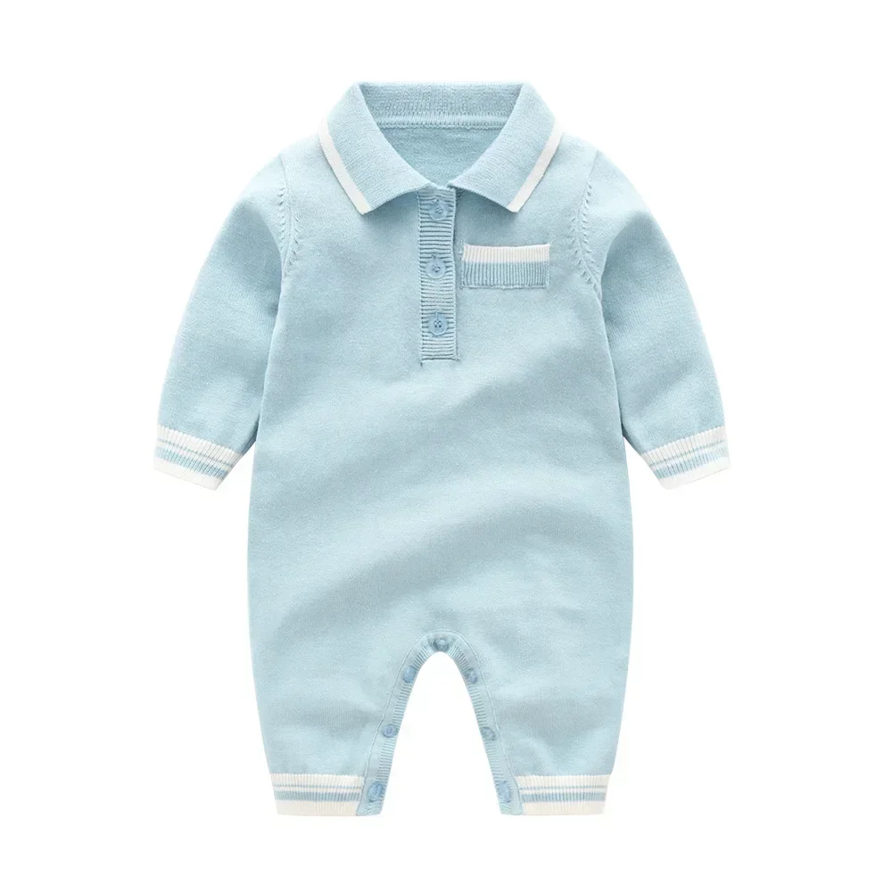 New Autumn Newborn Clothes Knit Knitted Sweater Multicolor Lapel Long Sleeve Stripes Cotton Wool Baby Boy Girl Romper