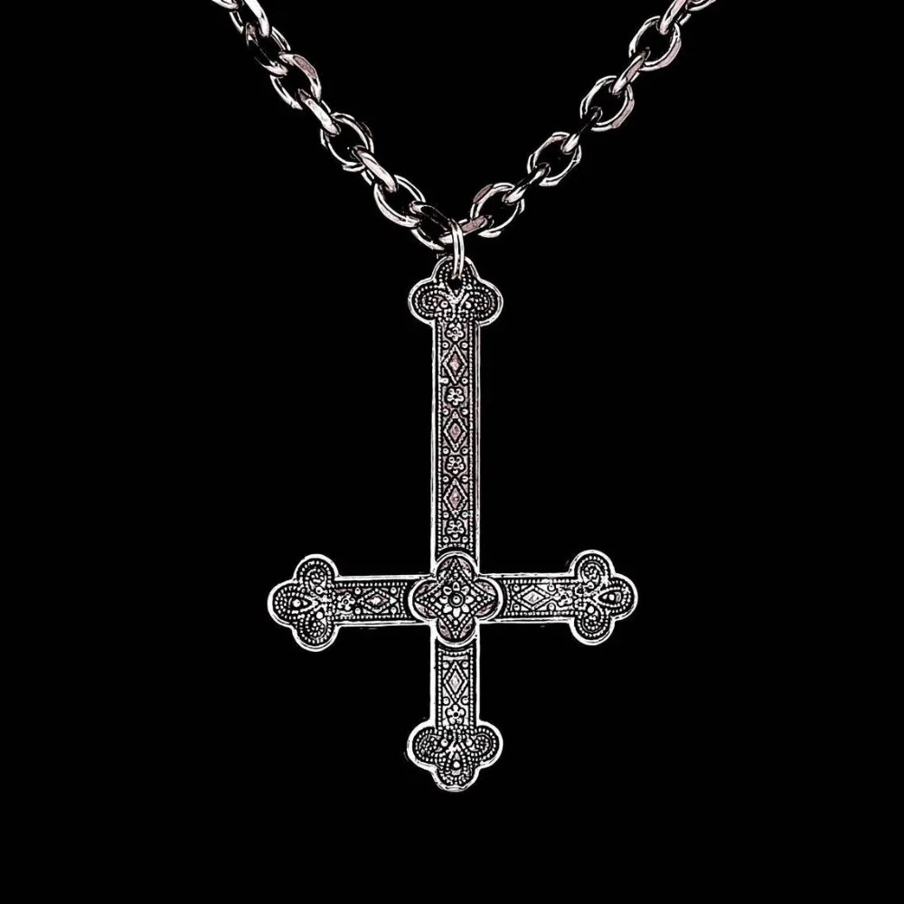 Dark Gothic Inverted Carved Flowers Cross Pendant Necklace for Men Women Hallowmas Party  Hip-hop Punk Jewelry Accessories Gifts