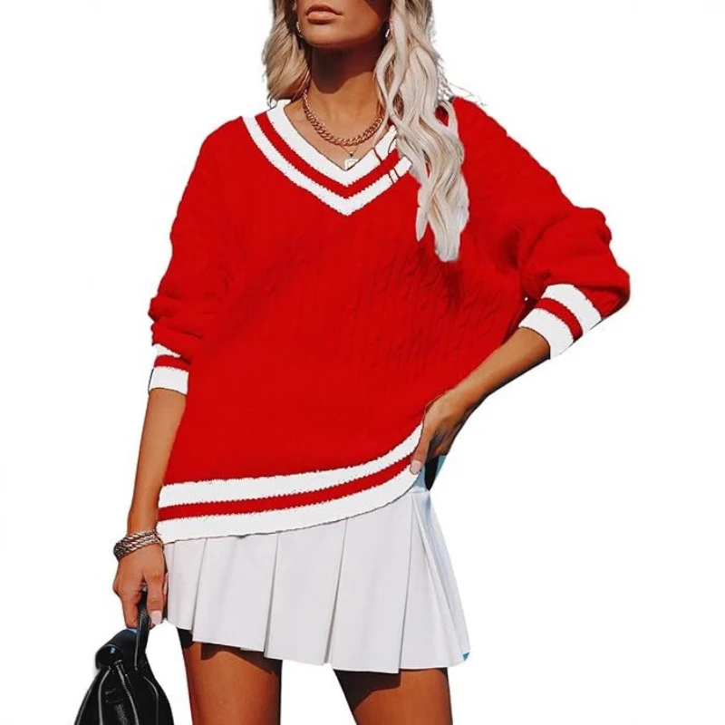 

New Pullover Contrasting Color Twist Sweater Women's Clothing Autumn V-neck Loose and Casual