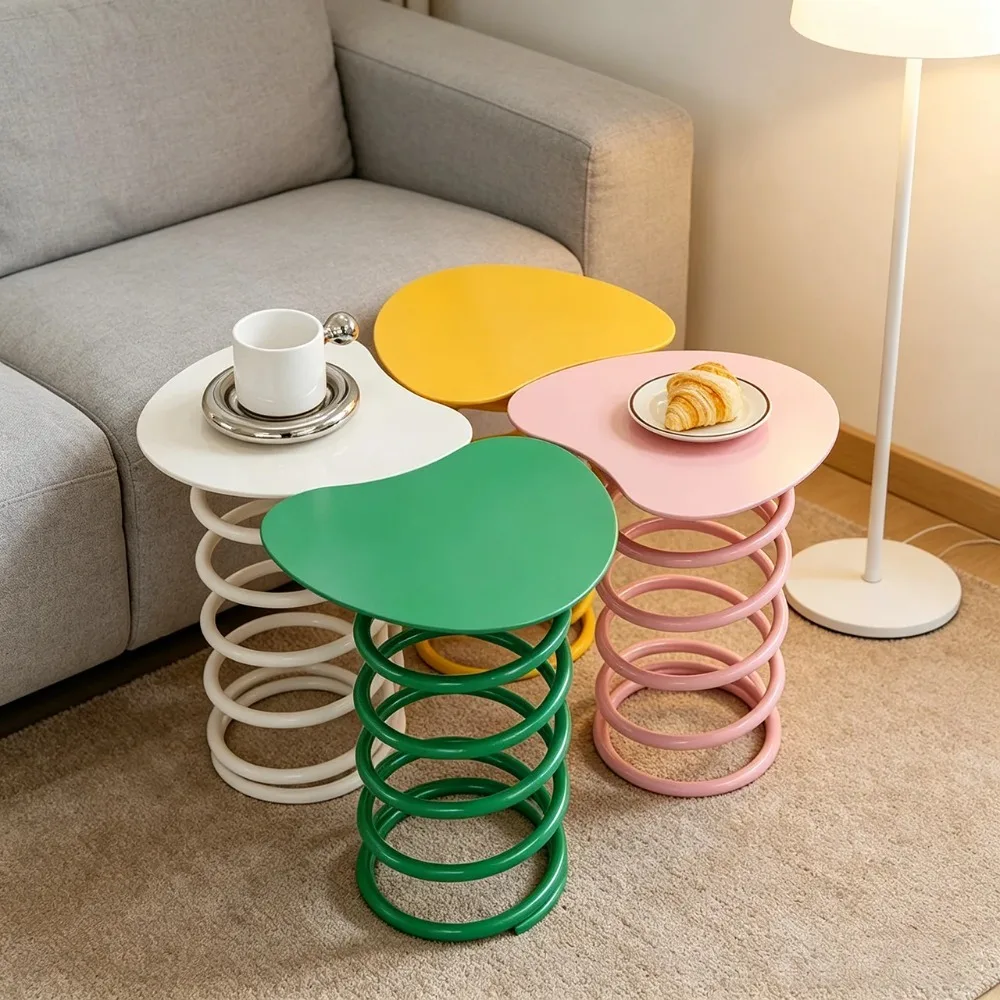 Spiral Spring Coffee Table, Irregular Top Side Table, Colorful Modern End Table, Creative Accent Table for Home Living Room