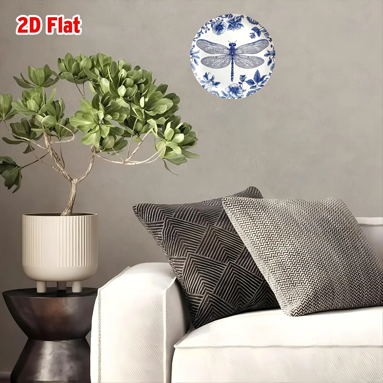 2D Flat, [2D Flat] 1pc Round Room Decor Blue and White Porcelain Dragonfly Plate Design Aluminum Sign - 8x8inch Floral Wreath Me view 5