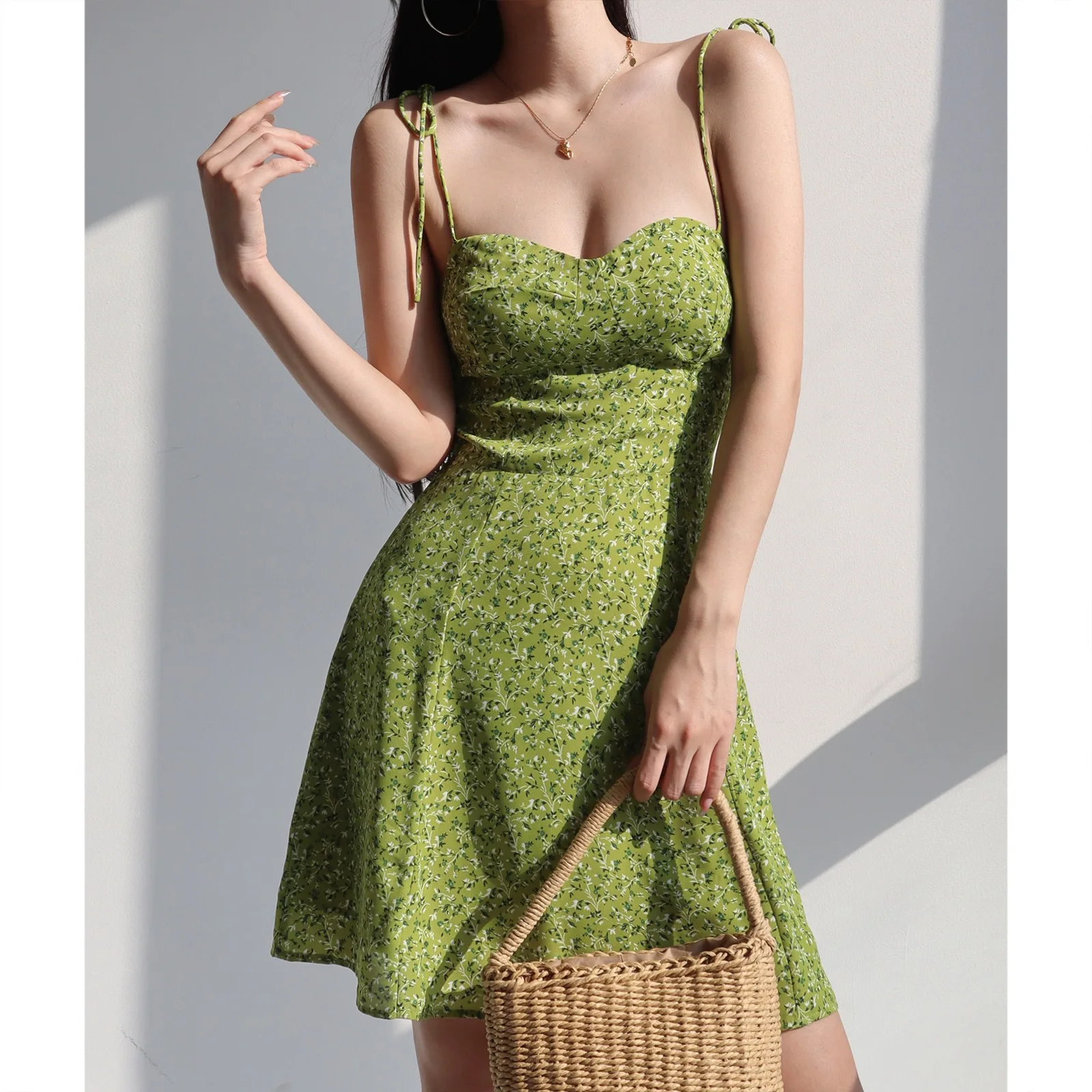 Sleeveless Green Floral Lace-up Dress Woman Clothing Backless Elegant Party Fashion Summer Mini Short Vintage Dresses for Women