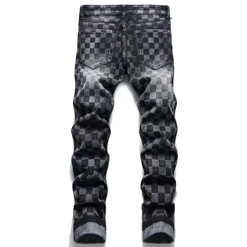 EH·MD® Checkered Embroidered Jeans Men's High Elastic Slim Cotton Leather Standard High Street Luxury Pants 3D Printing Gradient