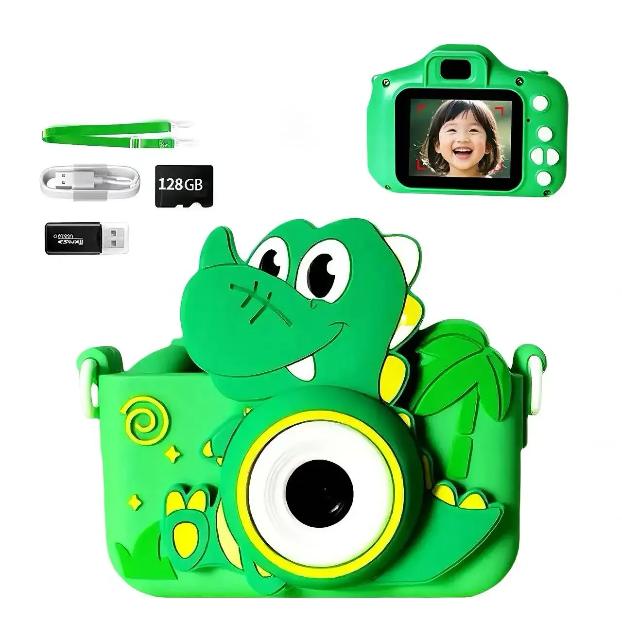 Kids Digital Camera Dual Lens Selfie Video Camera 1080P HD Children Toy Camera With 128GB Silicone Protective Boys Girls Gift