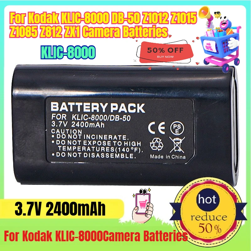 

3.7V 2400mAh for Kodak KLIC-8000 DB-50 Z1012 Z1015 Z1085 Z812 ZX1 Camera Batteries