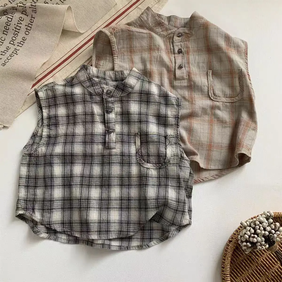 Boys Girls Summer Vest Baby Stylish Kids Trendy Shirt Japanese Forest Korean Plaid Sleeveless Shirt