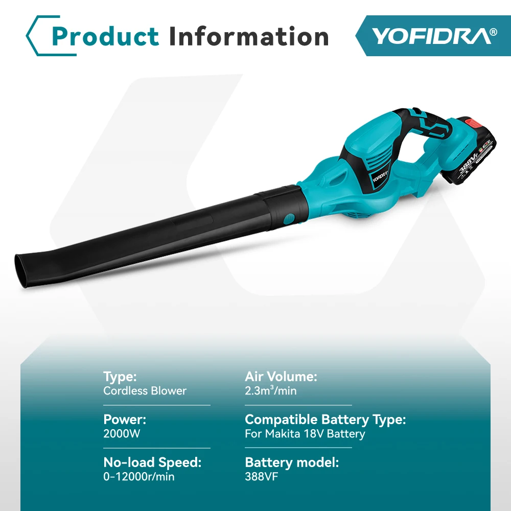 Yofidra Cordless Electric Blower with 1/2 Battery Leaf Blower Snow Dust Blower Garden Power Tool For Makita 18V Battery