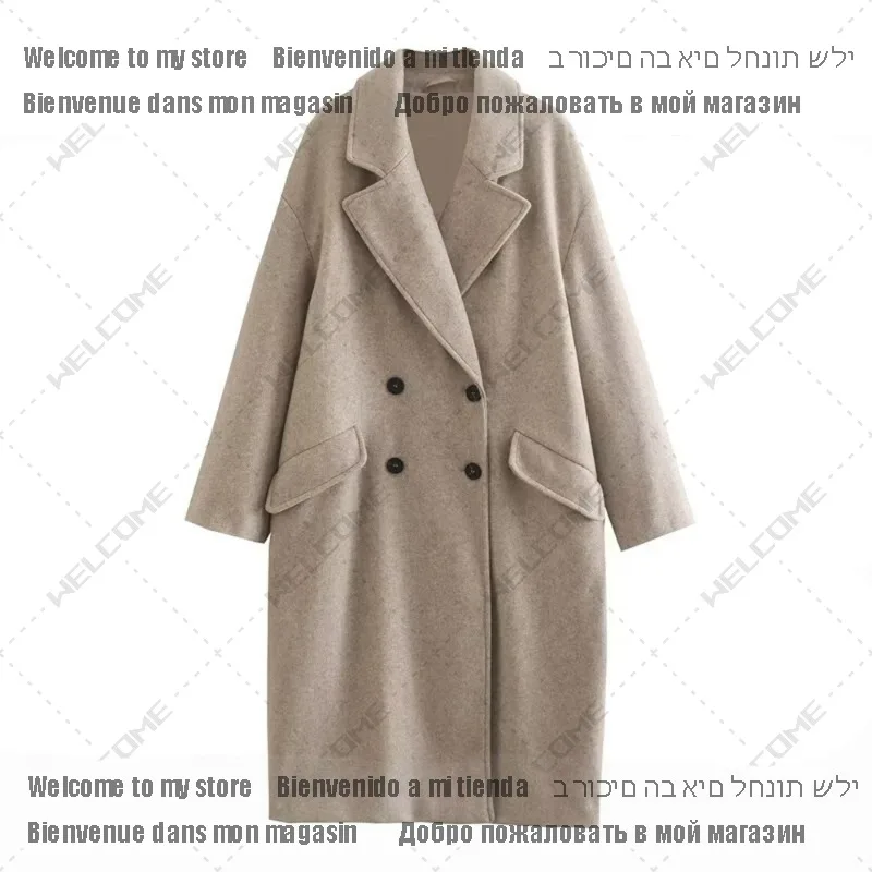 Winter New Product Women's Fashion and Casual Versatile Flip Collar Double breasted Button Long Woolen Coat Coat Co