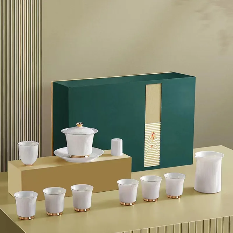 Jade Fat Kung Fu Tea Set for Home Use, Gaiwan Tea Cup, Chinese Style Simple High-end Gift Box, Business Gift