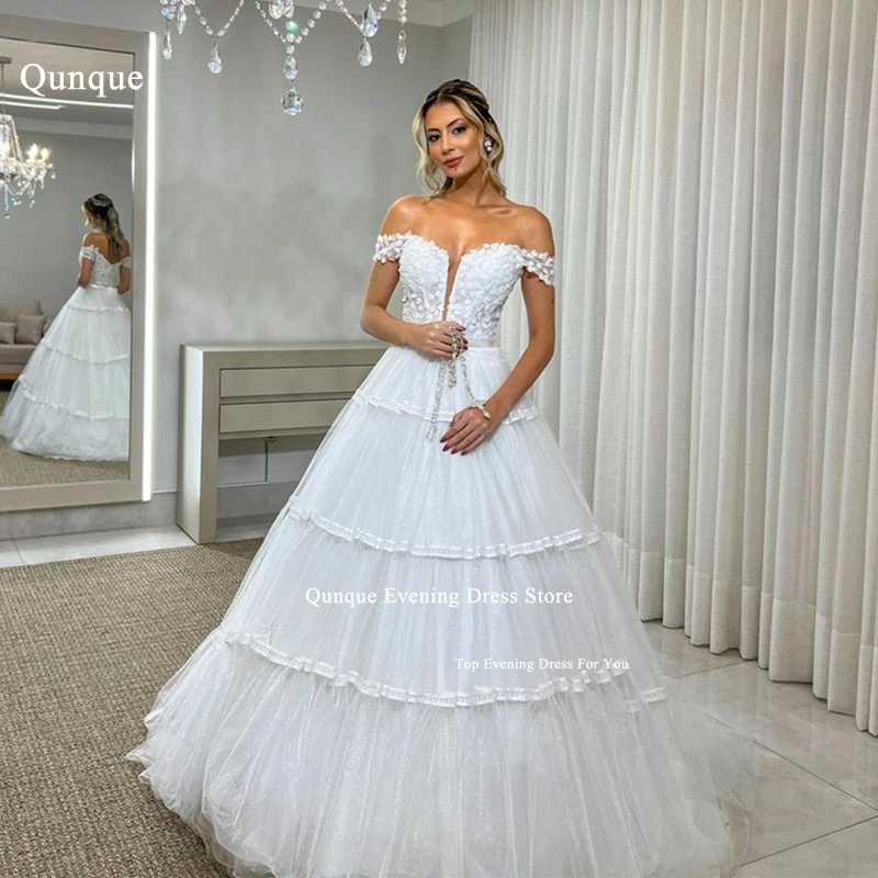 

Qunque Romantic Ball Gown Wedding Dresses Off Shoulder With Lace Appliques Beadings Bridal Dress Bling Tulle Vestidos De Novia