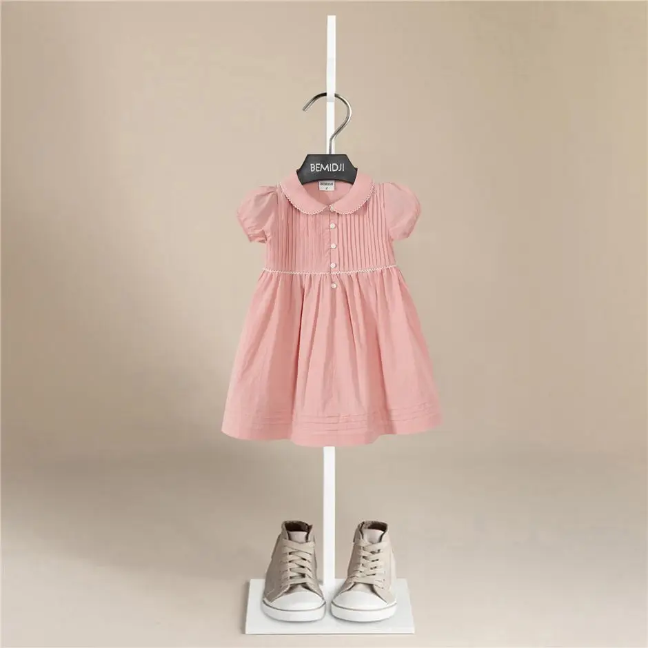 

Outdoor Wear High-End Baby Solid Color Short Sleeve Western Style Pink Princess Style Dress Fashion Children's Summer Clothing