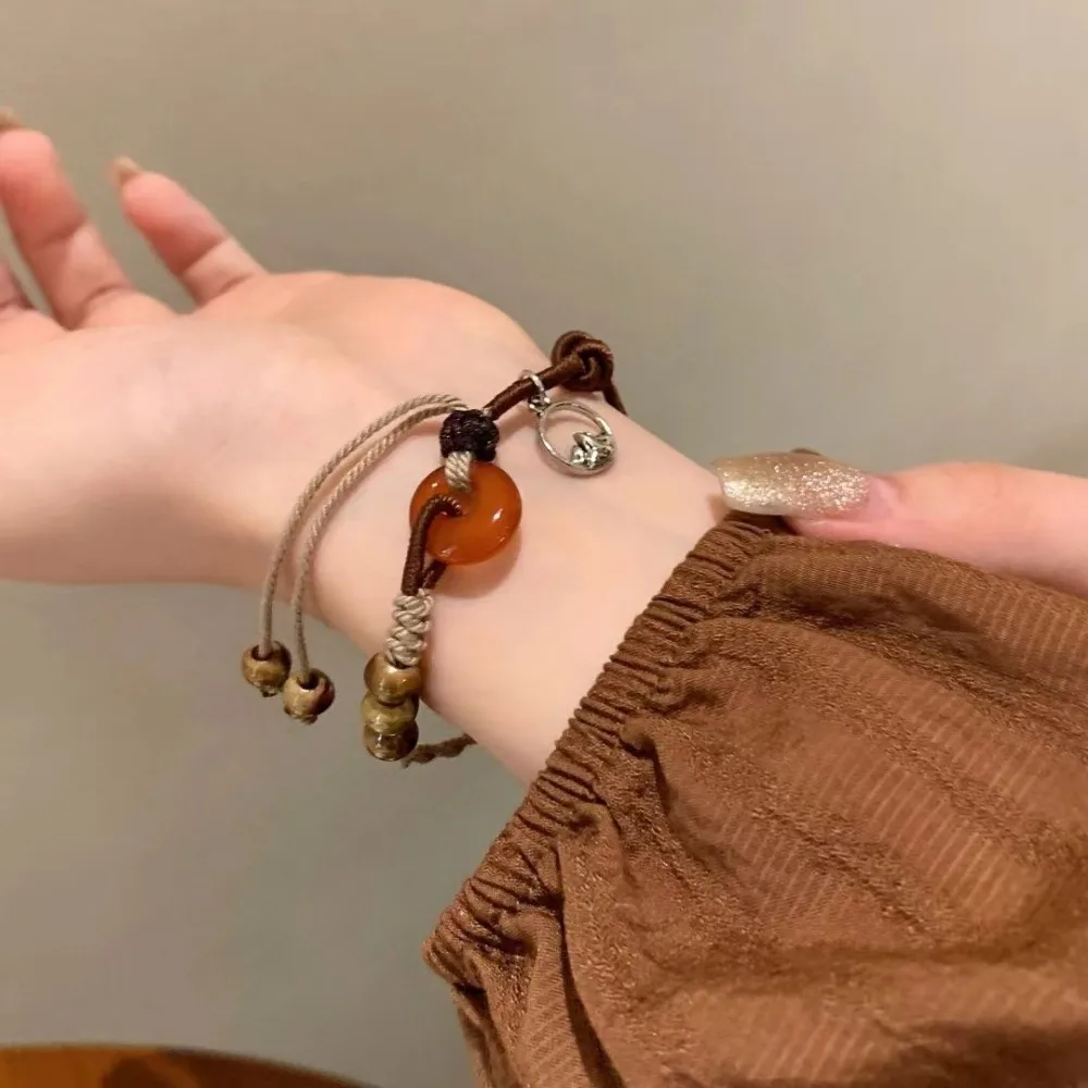 Chinese Style Woven Rope Bracelet Amber Colored Handmade Women Bracelets Adjustable Ethnic Style Coffee Peace Buckle Chain