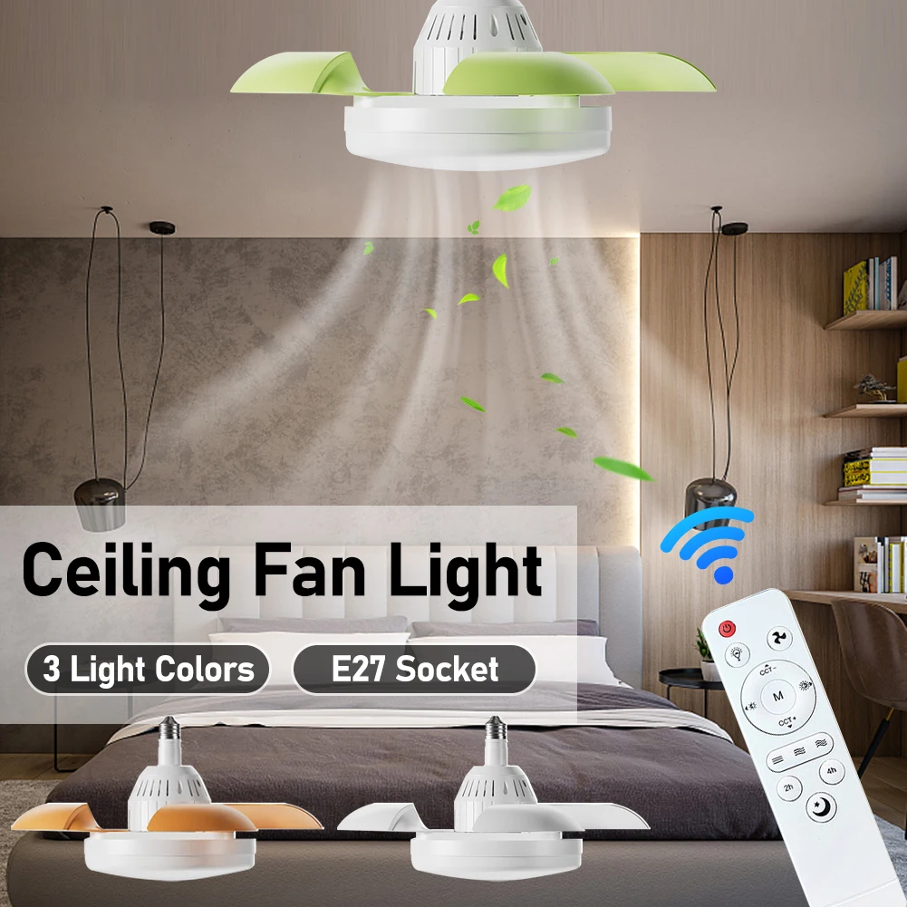 

E27 Socket Ceiling Fan Light Remote Control Timing Wireless Fan 3 Light Colors Low Noise Fan Lights for Home Bedroom Living Room