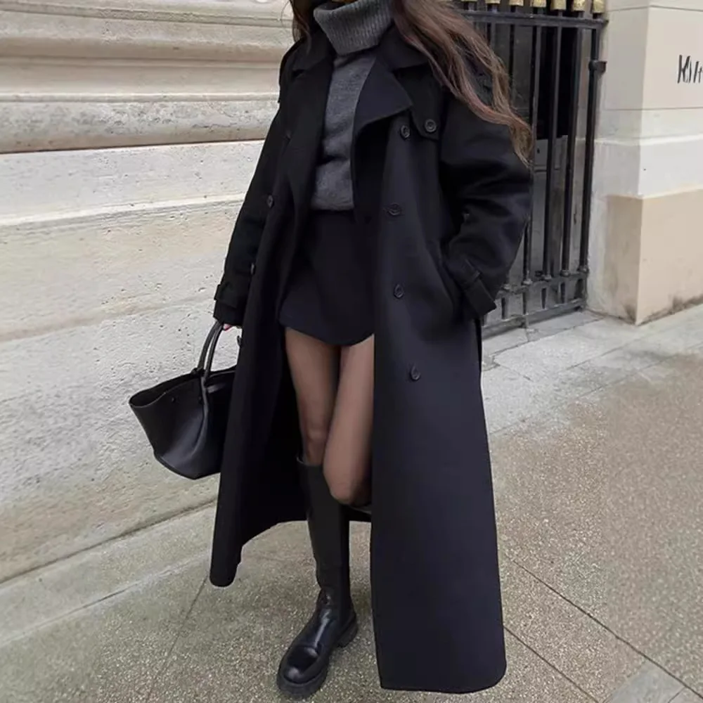 Autumn Winter Warm Large Coat Women Vintage Tweed Double Breasted Woolen Coat Women Long Sleeve Turn-Down Collar Woolen Coat