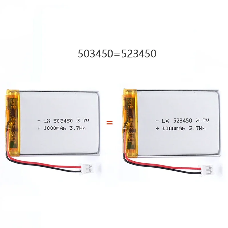 523450/503450 3.7V 1000mAh Polymer Lithium Rechargeable Battery  PH2.0 2pin For Smartphone, speaker, GPS, radio