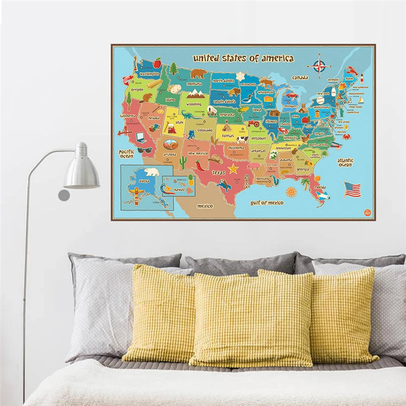 Animal & Plants Map Of American Wall Stickers Kindergarten Classroom Kids Room Home Decoration USA Map Wall Mural Art Pvc Decal