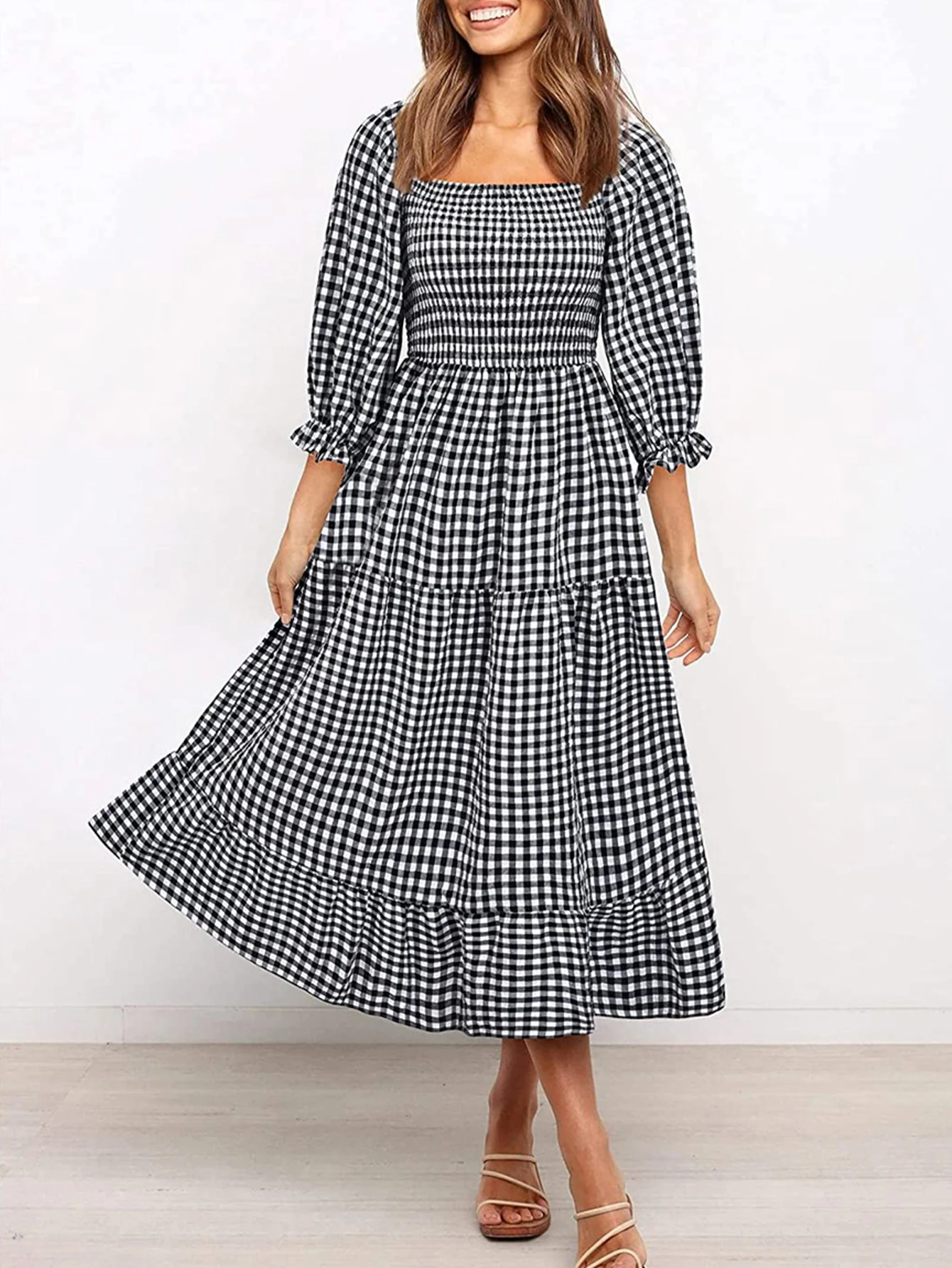 فستان نسائي منقوش بأكمام منتفخة ورقبة مربعة للخريف كاجوال أساسي بقصة عادية وبسيط فستان يومي لائق