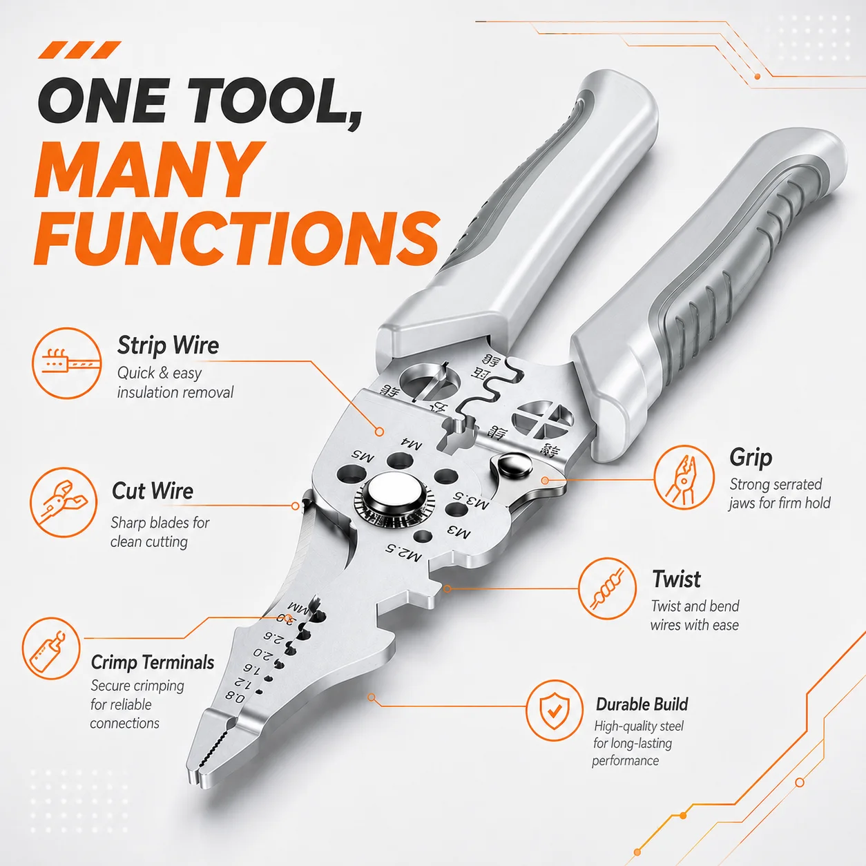 8.5 Inch Multi Functional Industrial Wire Stripper Cutter Crimper Heavy Duty Stainless Steel Electrical Pliers Ergonomic Grip