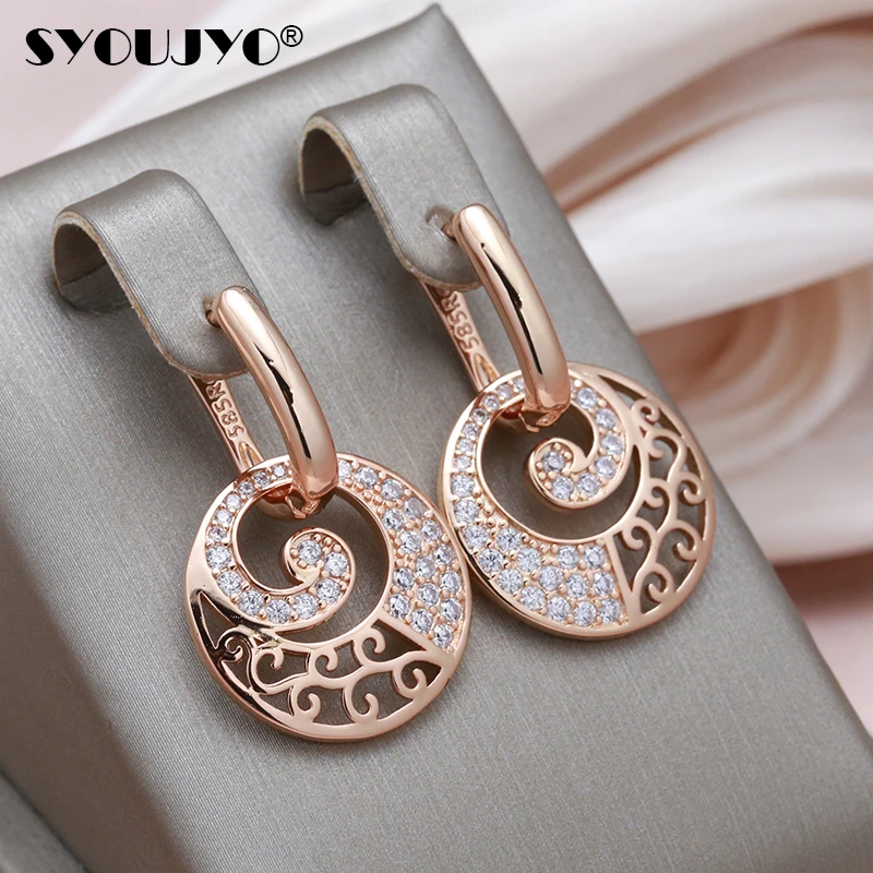 SYOUJYO 585 Rose Gold Color Drop Earrings For Women Needle Rhinestone Circle Crystal Jewelry Natural Zircon Long English Earring