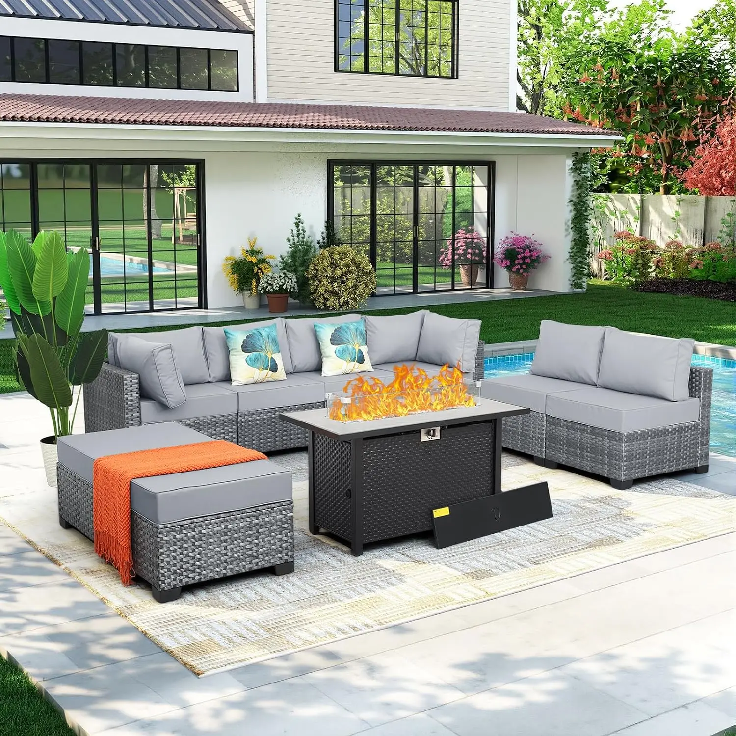9 Pcs Patio Sectional Sofa with 60000 BTU Fire Pit, Glass Wind Guard, 5