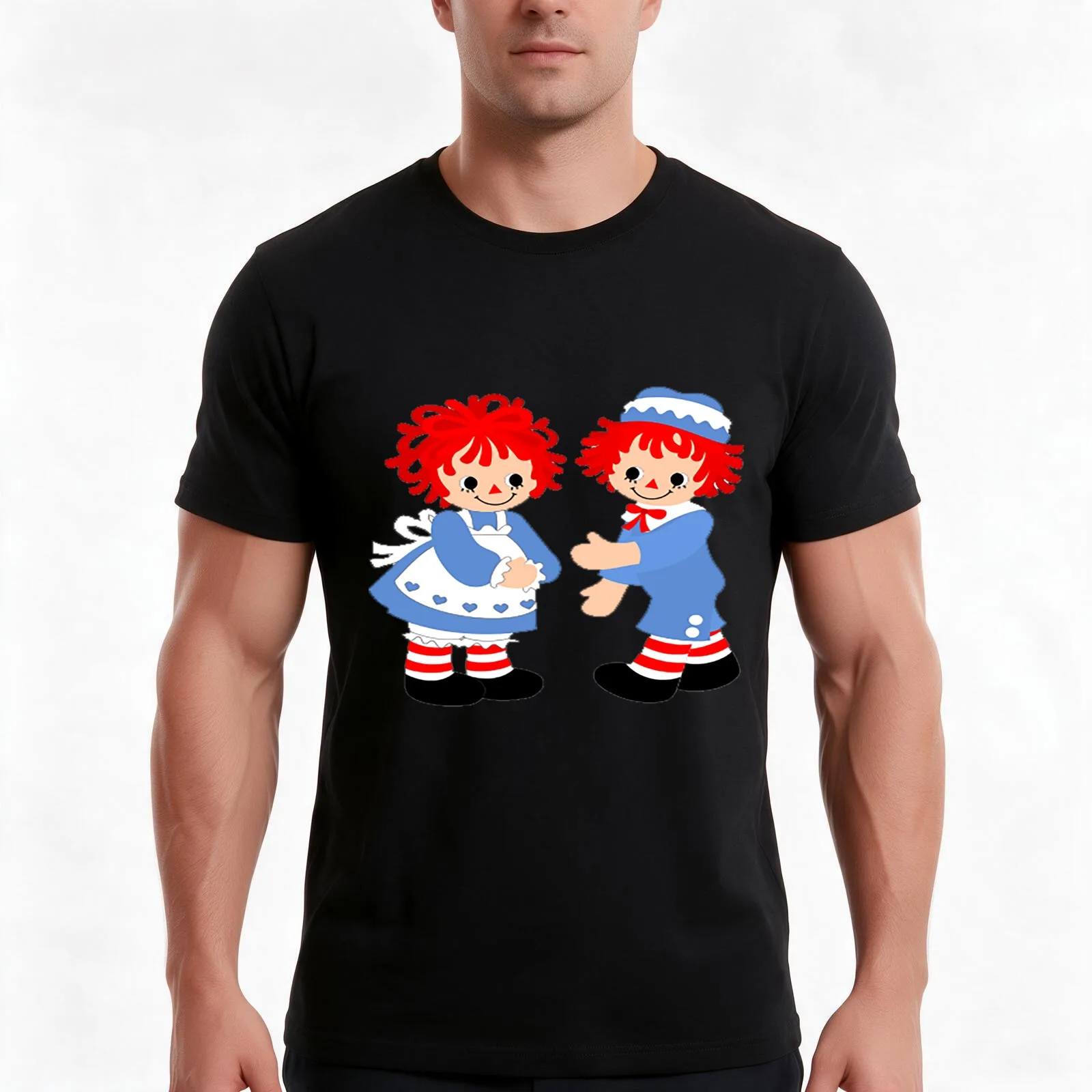 Raggedy Ann And Raggedy Andy T-Shirt, Summer Casual Cotton Tee, Oversized Streetwear Tops, Vintage Graphic Print, 100% Cotton