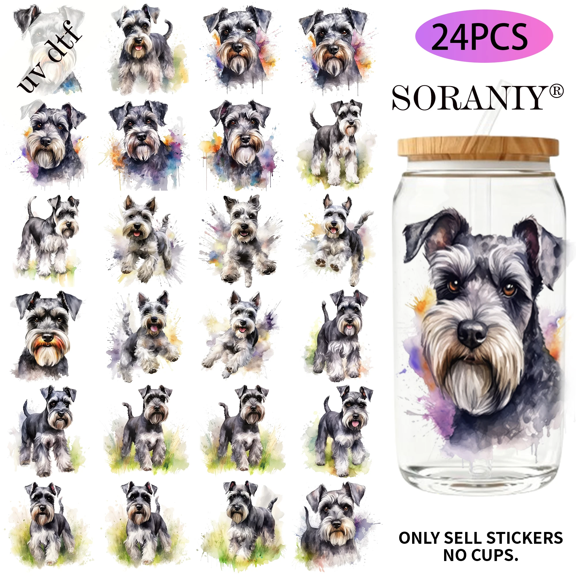 24 Stück/Set Miniatur-Schnauzer-Themen-UV-DTF-Transferaufkleber für 16OZ Wasserflaschen aus Glas