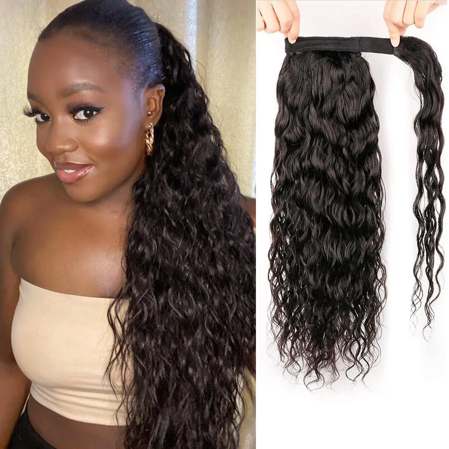 

Конский хвост Water Wave, 100% человеческие волосы для женщин, вьющийся хвост с волшебной пастой, обертывание вокруг хвоста, перуанские волосы Remy, 8-32 дюйма