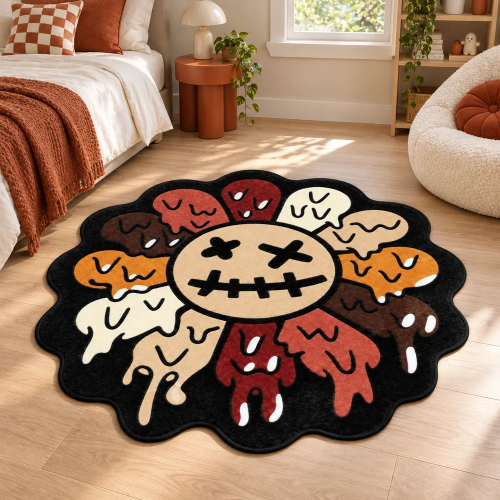 Melting Flower Face Irregular Shaped Rug Soft Flannel Non Slip Floor Mat for Bedroom Gaming Room Unique Gift for Art Lovers