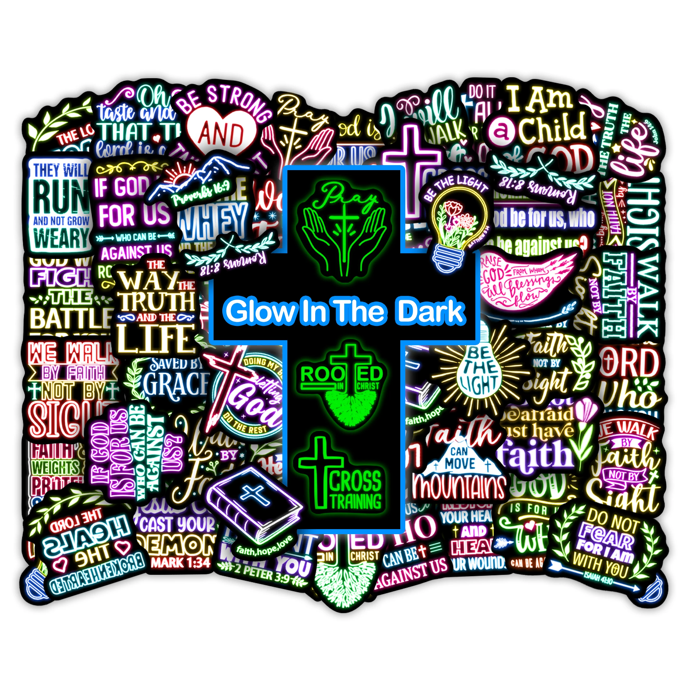 50pcs Glow-In-The-Dark Neon Stickers, God Bible Pattern Mug Notebook Skateboard Stickers Handmade Diy Creative Sticker