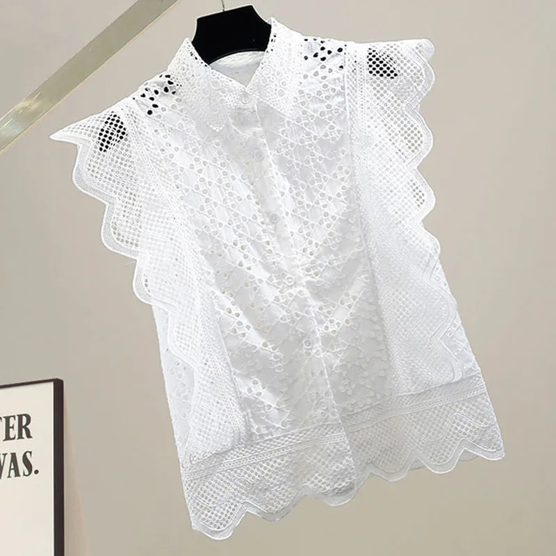 Hollow Out Lace Blouses Women Tops Solid Vintage Ruffles Korean Fashion Blusas Mujer Spring Summer Elegant Shirts