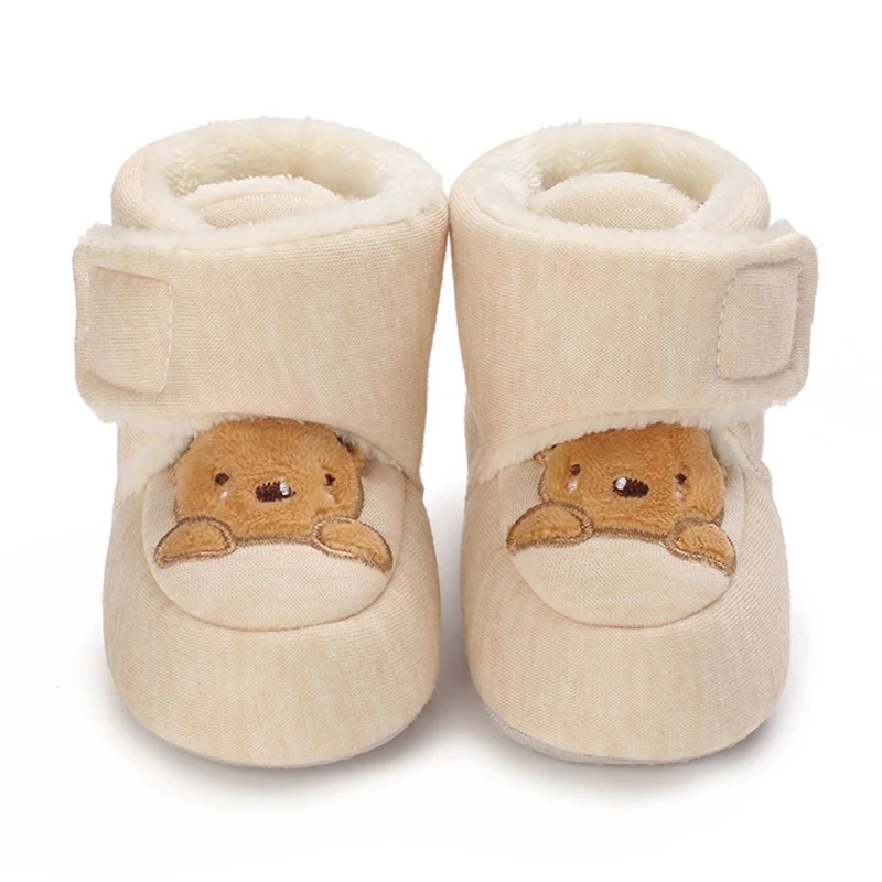 Autumn Winter Baby Padded Thickened Cotton Shoes Cartoon Bear Decorative Toddler Boots Soft Warm Non-Slip Adjustable Boots